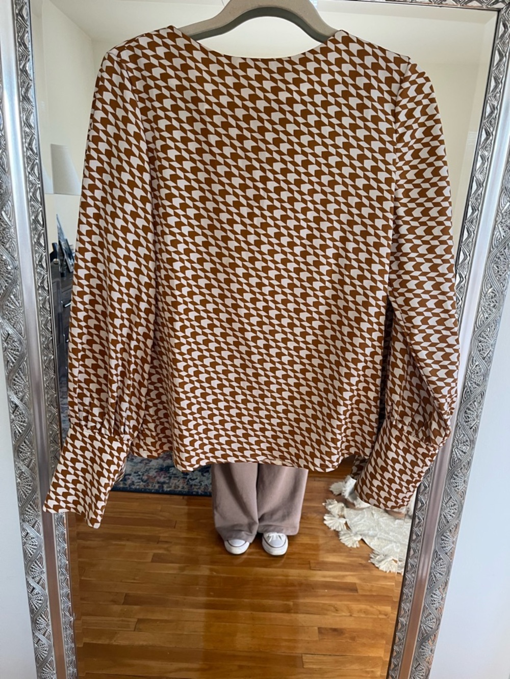 SHEIN Brown & Cream Geometric Button-Front Blouse